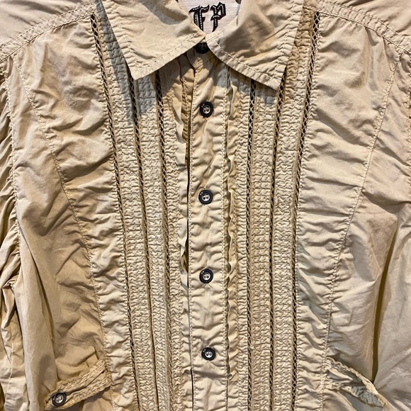 FP Women’s Beige Ruched Long Sleeve Button Down Shirt Blouse - sz 8 - EUC! - Picture 2 of 8